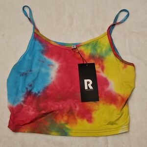 PrinStory Multicolor Tie Dye Knit Scoop Neck Spaghetti Strap Cropped Tank Top XL
